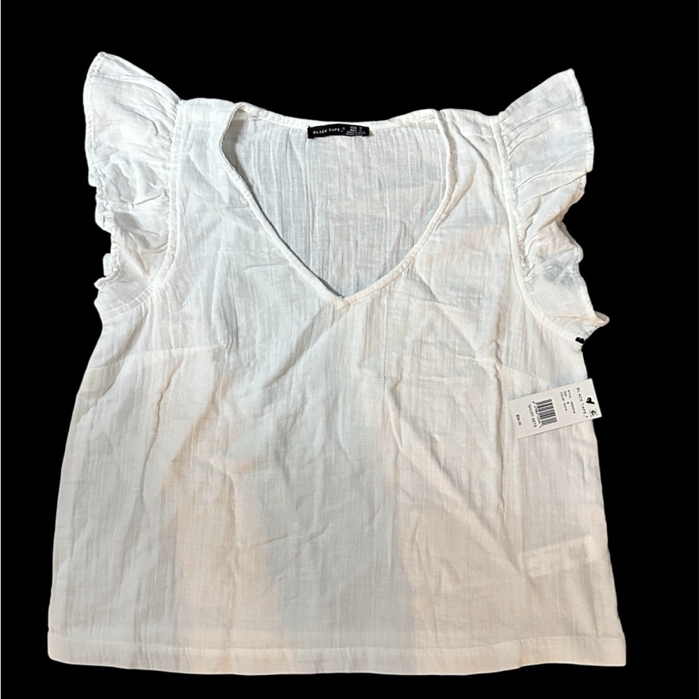 Black Tape White Ruffle Sleeve V-Neck Blouse